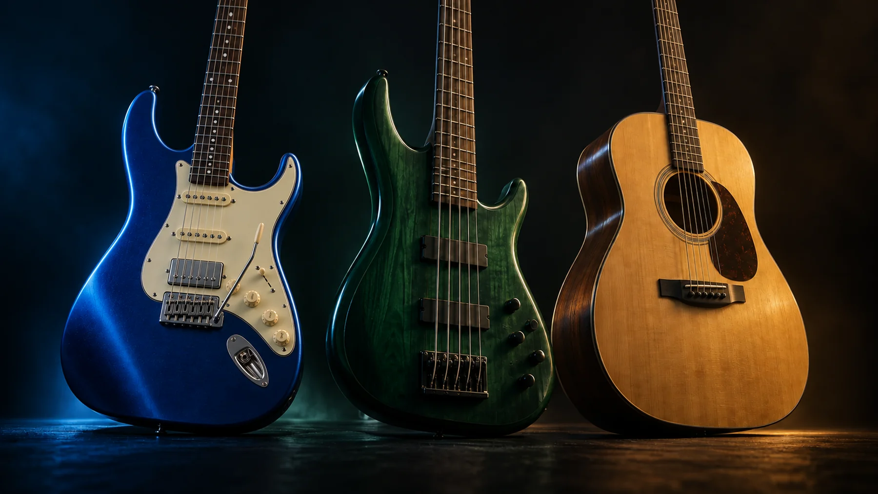 An illustration of an electric guitar, bass and acoustic guitar in a dark studio