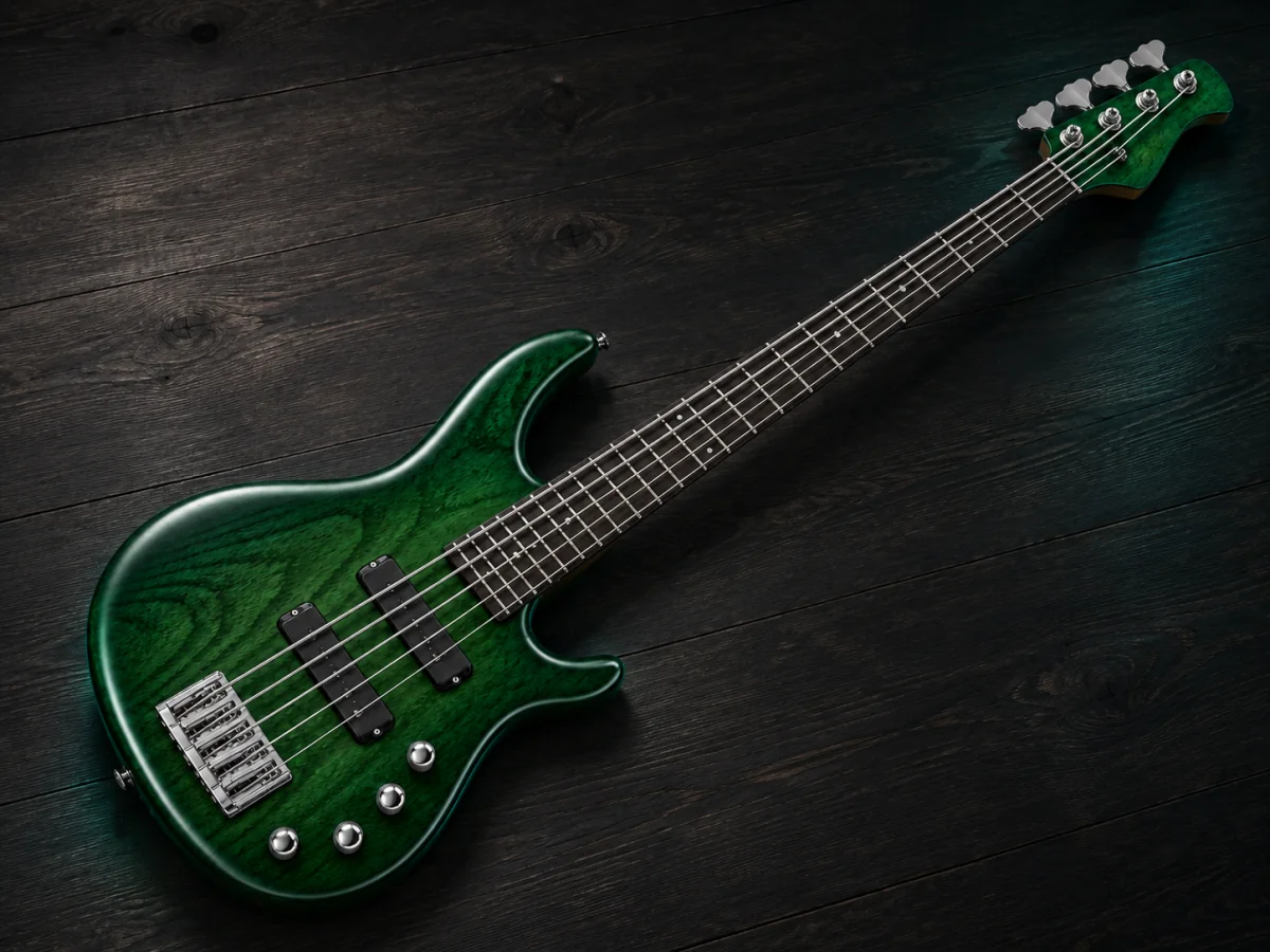 A single forest-green bass guitar in a dedicated dark studio illustration