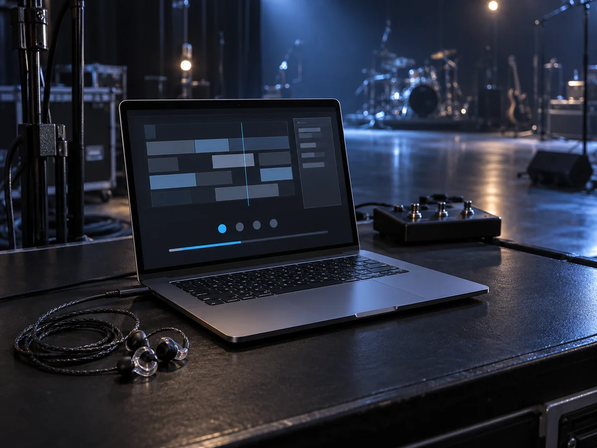 A music director performance workspace with a laptop and in-ear monitors
