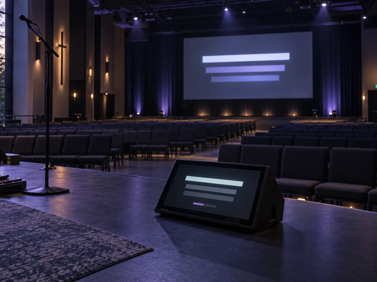 A presentation screen and stage display in a softly lit venue illustration