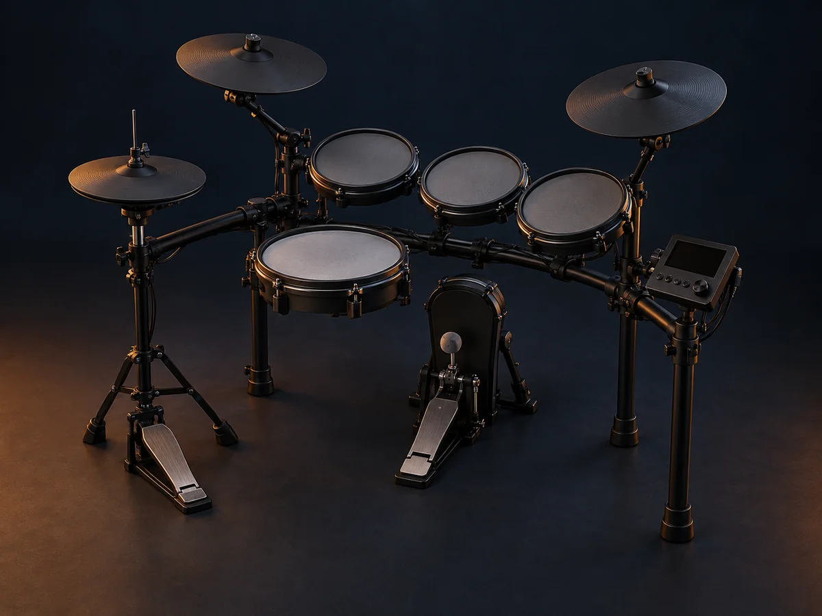 An electronic drum kit with mesh pads and cymbal pads under amber studio lighting