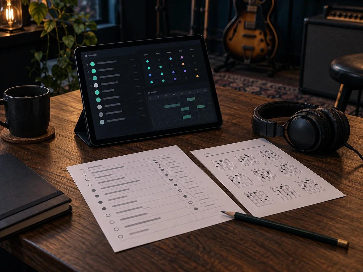 A rehearsal planning table with a tablet, song materials and headphones