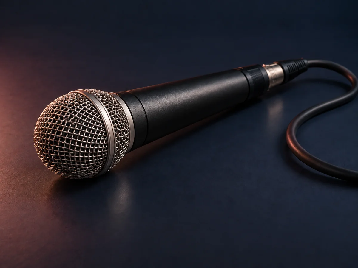 A detailed stage microphone in a rose-lit vocal studio illustration