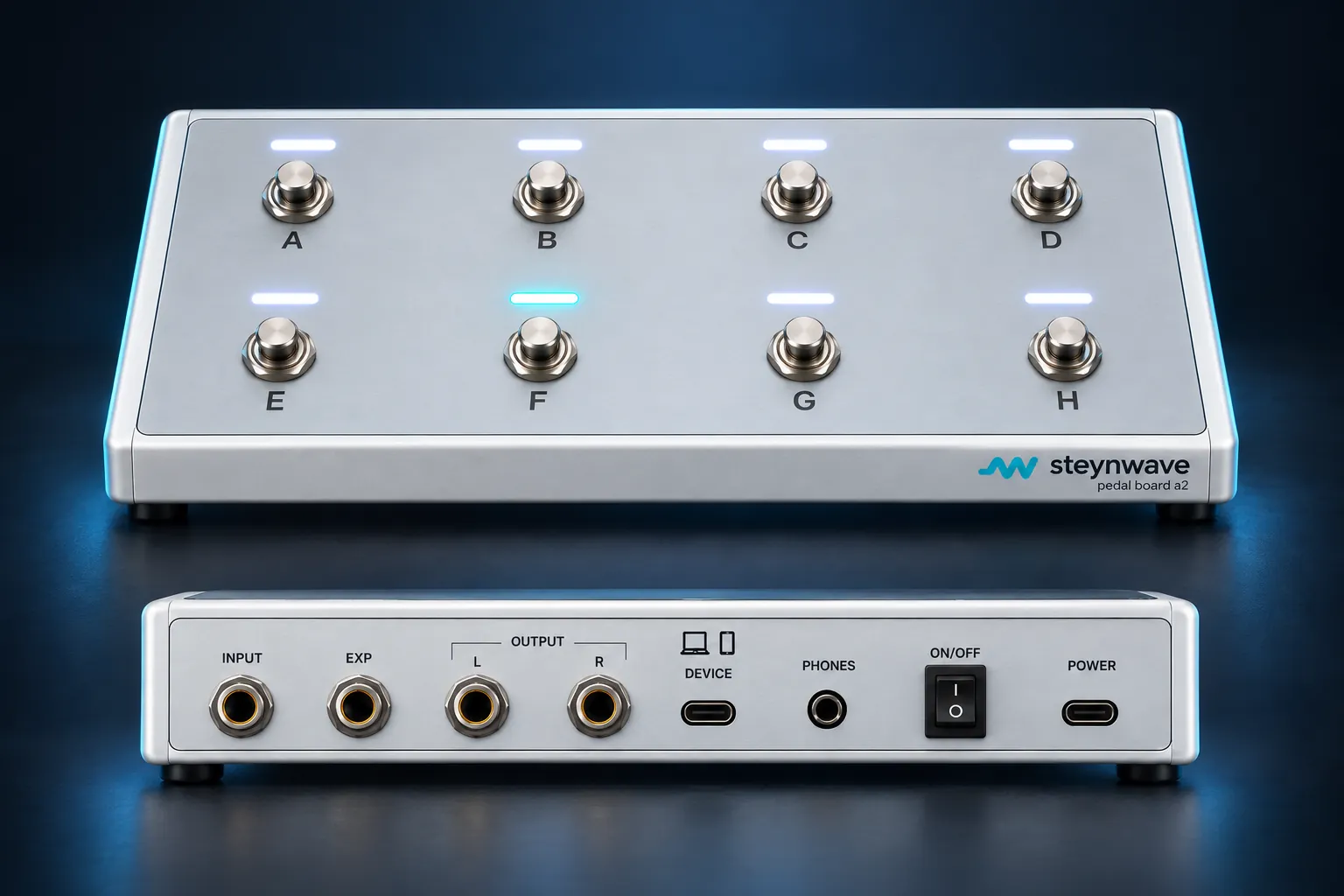 White Steynwave Pedal Board A2 concept with eight footswitches and a rear view of instrument, expression, stereo outputs, USB-C device, headphone, power switch and USB-C power connections