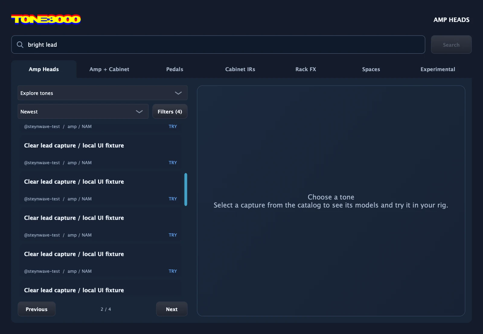 The real native TONE3000 catalog, with category tabs, capture search results and sorting controls