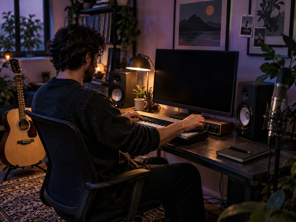 A musician creating and recording music in a personal studio